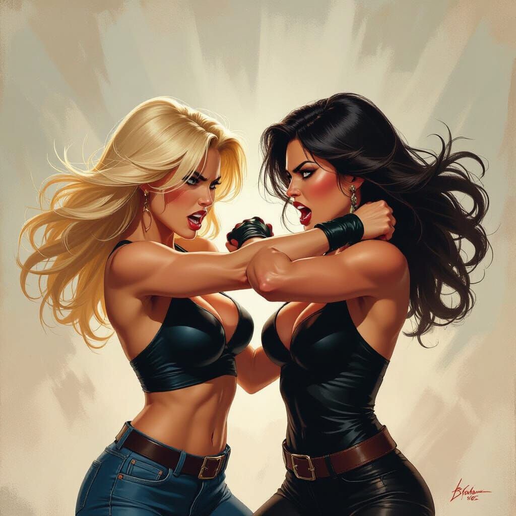 Intense Confrontation: Blonde vs. Brunette in Digital Painti...