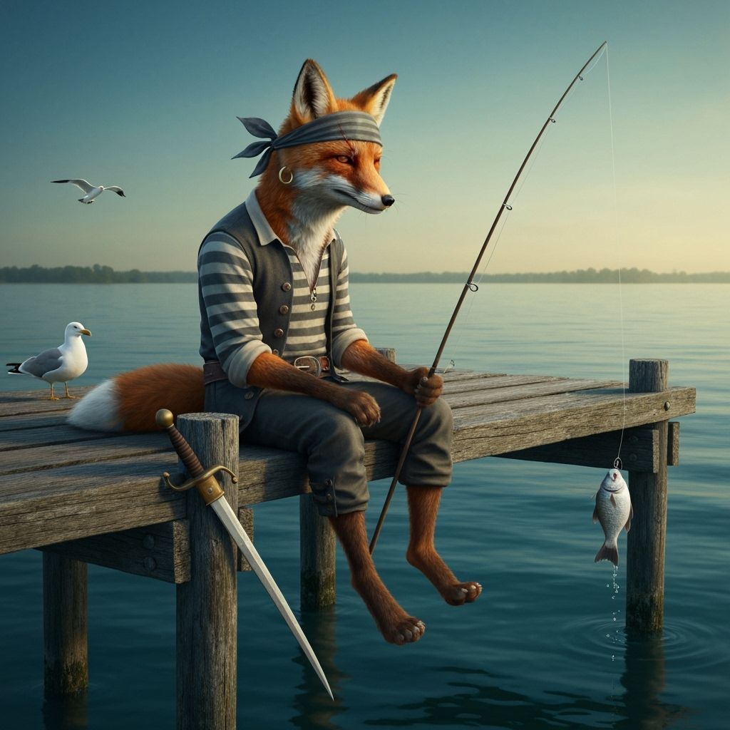 Hyperrealistic Pirate Fox Fishing on a Pier