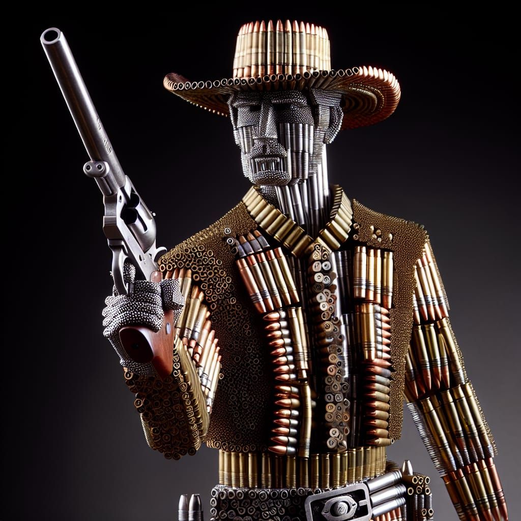 Cowboy Figure Made of Bullets Holding Pistol