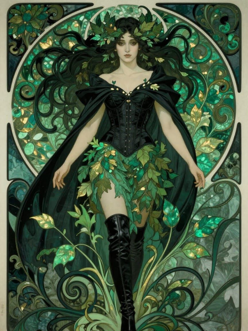 Art Nouveau Portrait of Dark-Haired Woman in Green