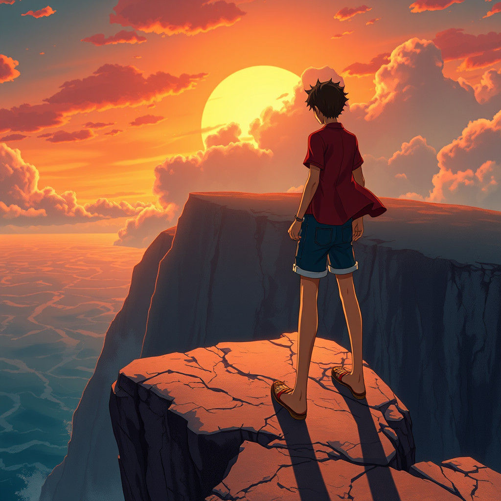 Luffy on Windswept Cliffside in Anime Style