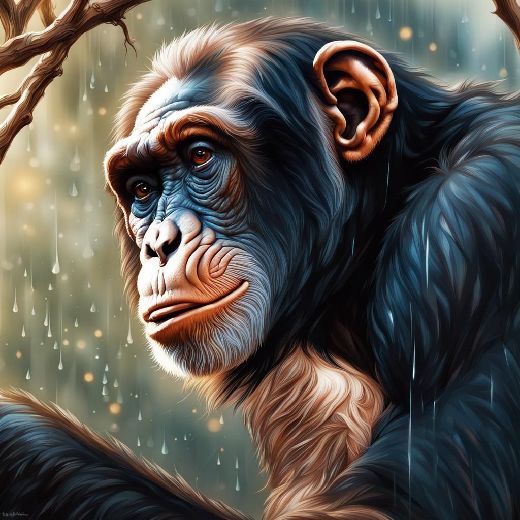 Hyperrealistic Chimpanzee in Sunlight and Rain