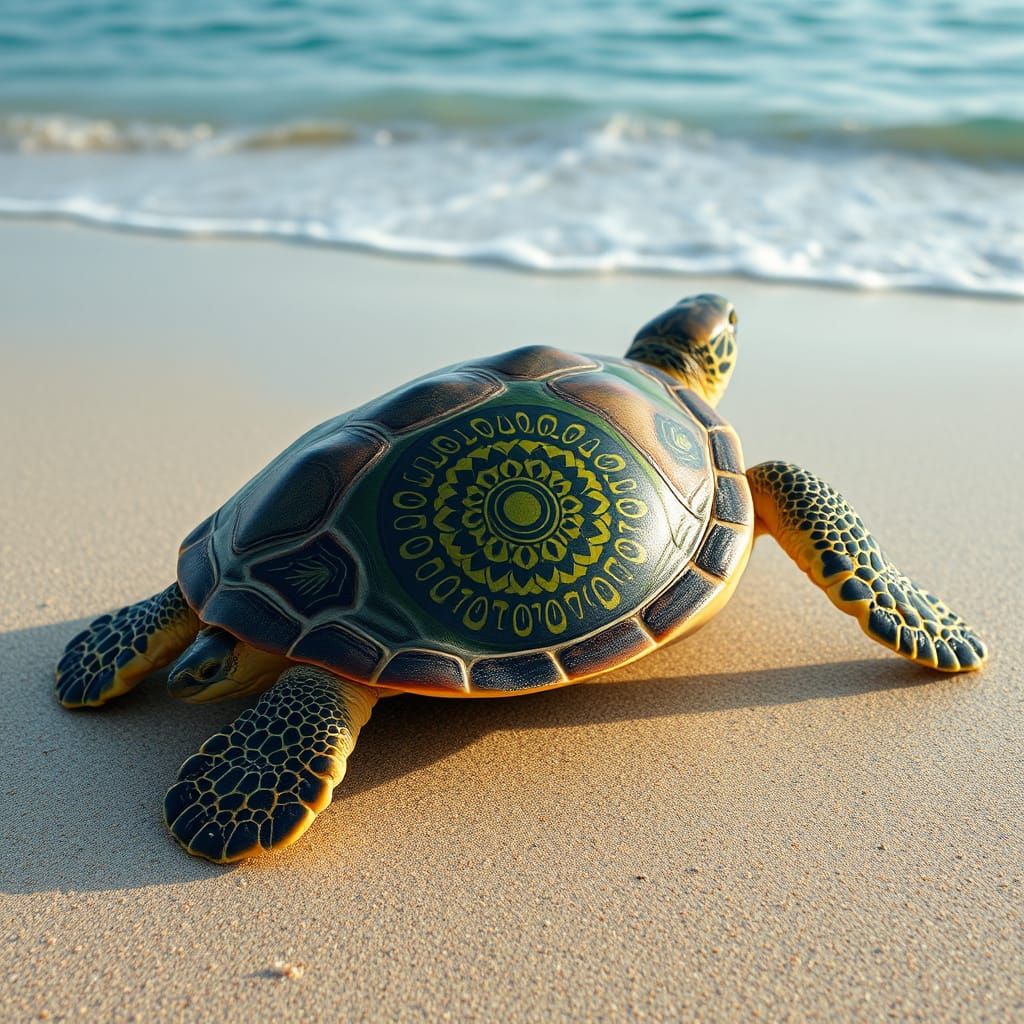 Turtle on Beach with Vibrant Green Tattoo