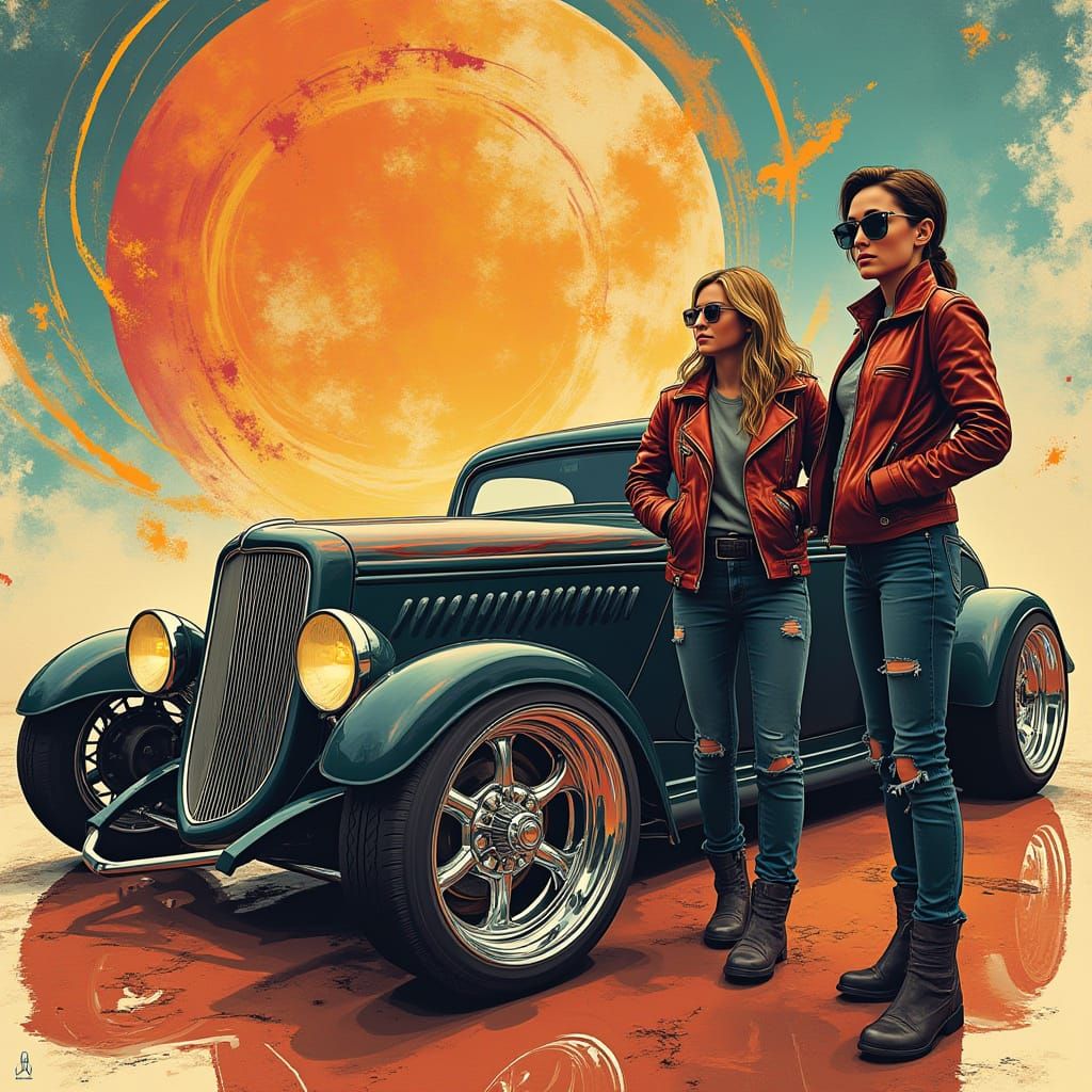 Vibrant Retro-Futuristic Scene with Hot Rod and Two Women