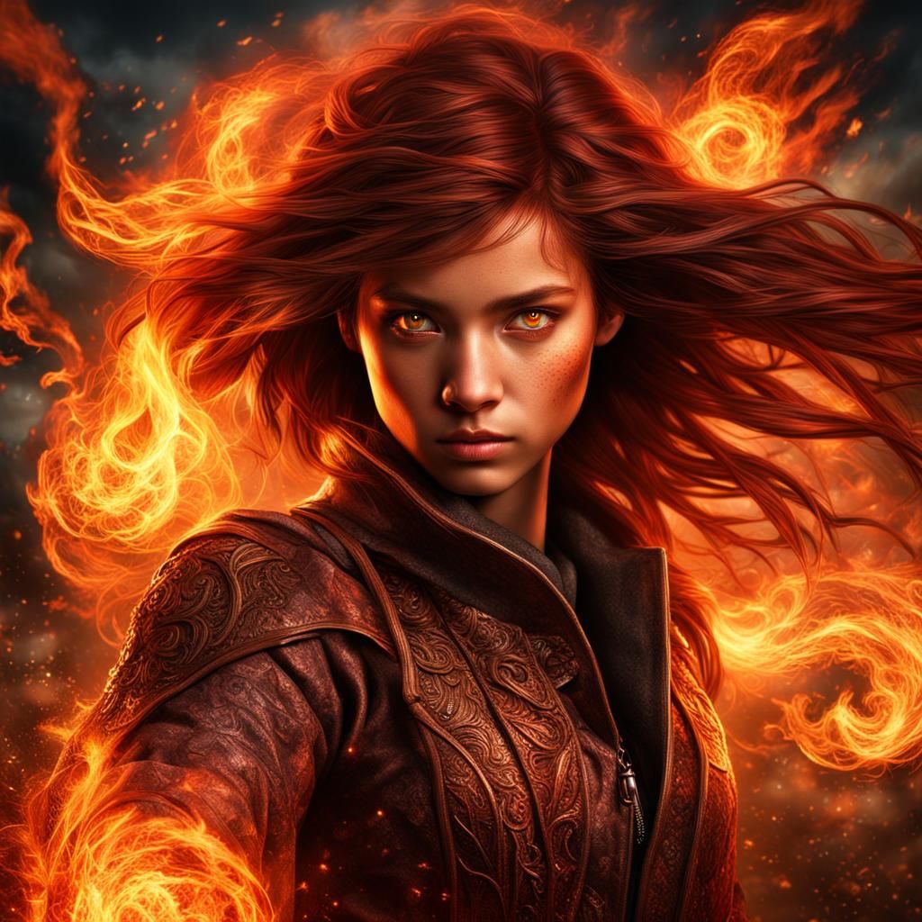Teenage Girl with Fire Powers in Hyperrealistic Style