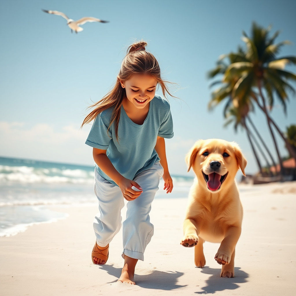 Girl and Golden Retriever on Beach, Fantasy Art