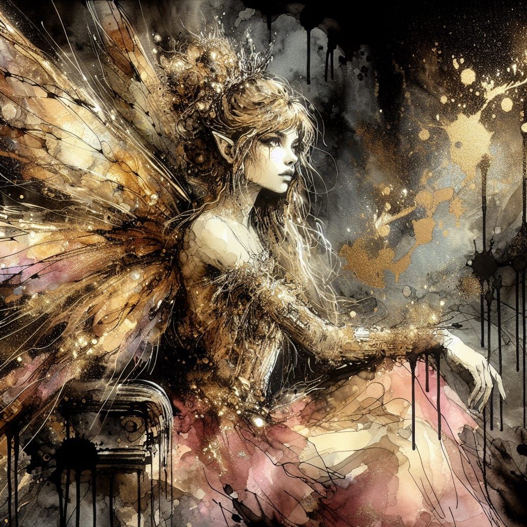 Golden-Winged Fairy Princess on Throne, Watercolor Painting
