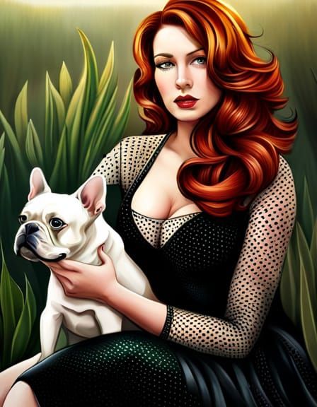Voluptuous Woman with Frenchie in Hyperrealistic Style