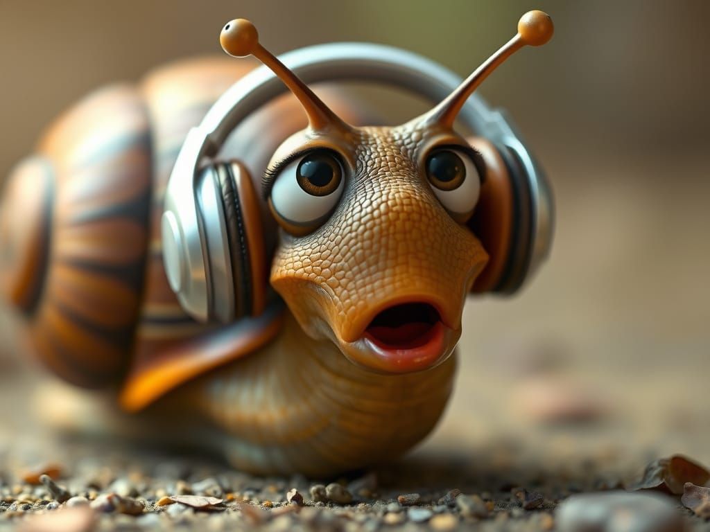 Surprised Snail Listens to Music: Pixar Ghibli Style