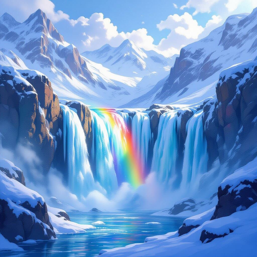 Rainbow Waterfall in Snowy Mountains, Dreamy Digital Art