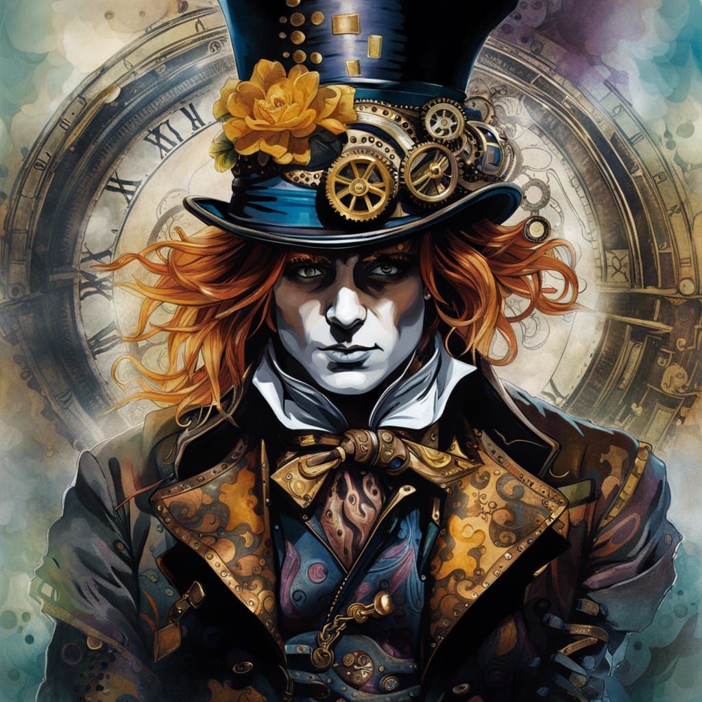 Steampunk Mad Hatter Portrait in Inkblot Art