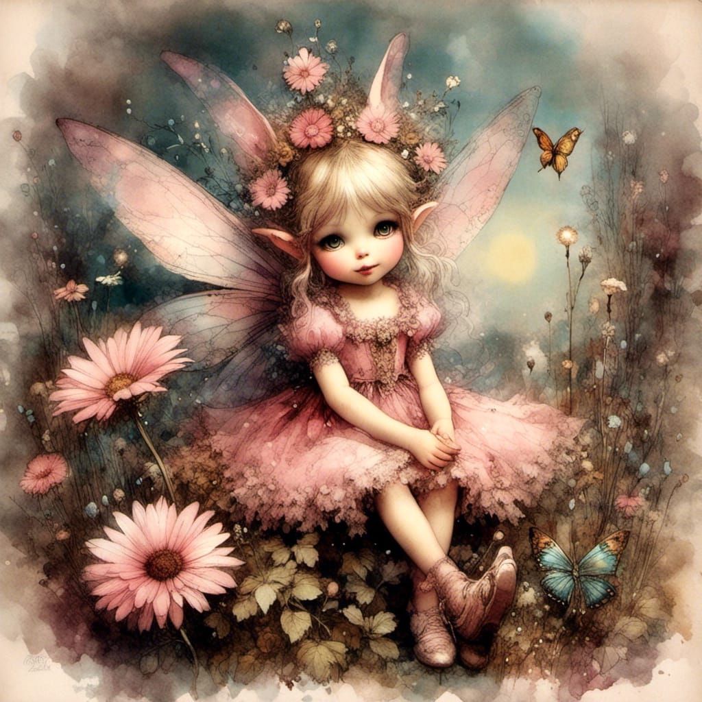 Adorable Pixie on Daisy Flower Caricature