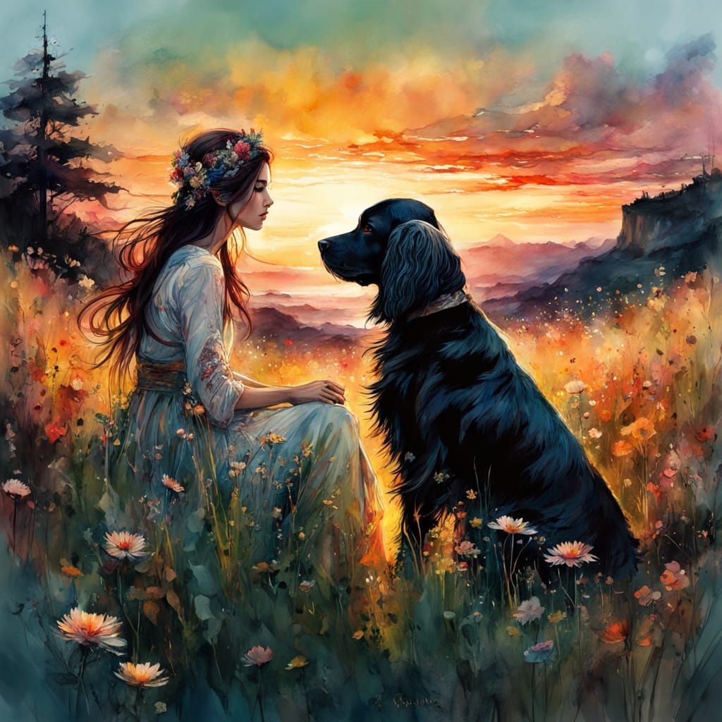 Woman and Dog in Watercolor Fantasyscape