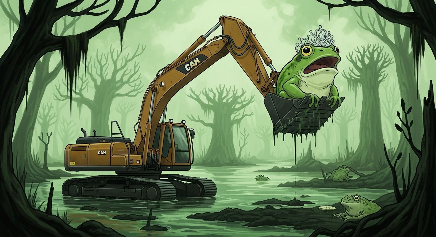 Anthropomorphic Frog in Excavator Bucket in Swamp