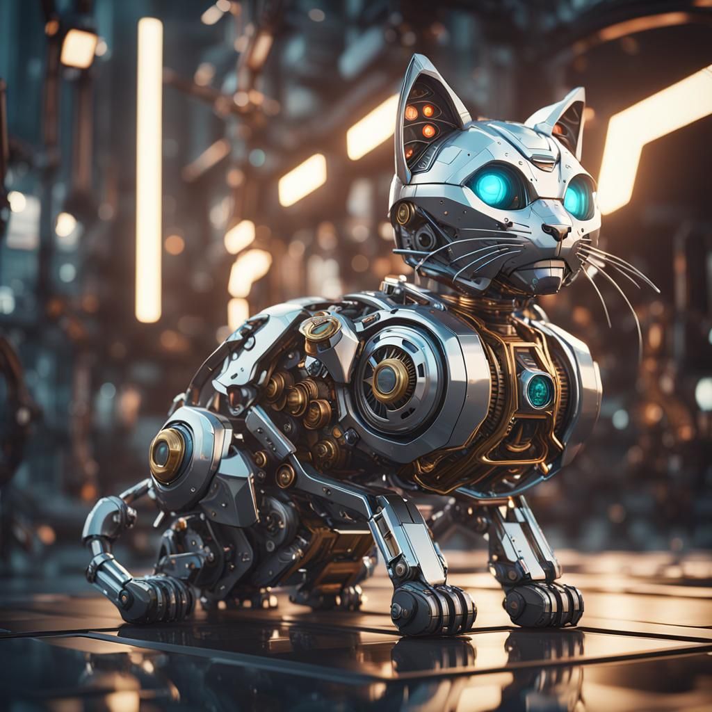 Whimsical Cat with Intricate Mech Details in Sci-Fi Style