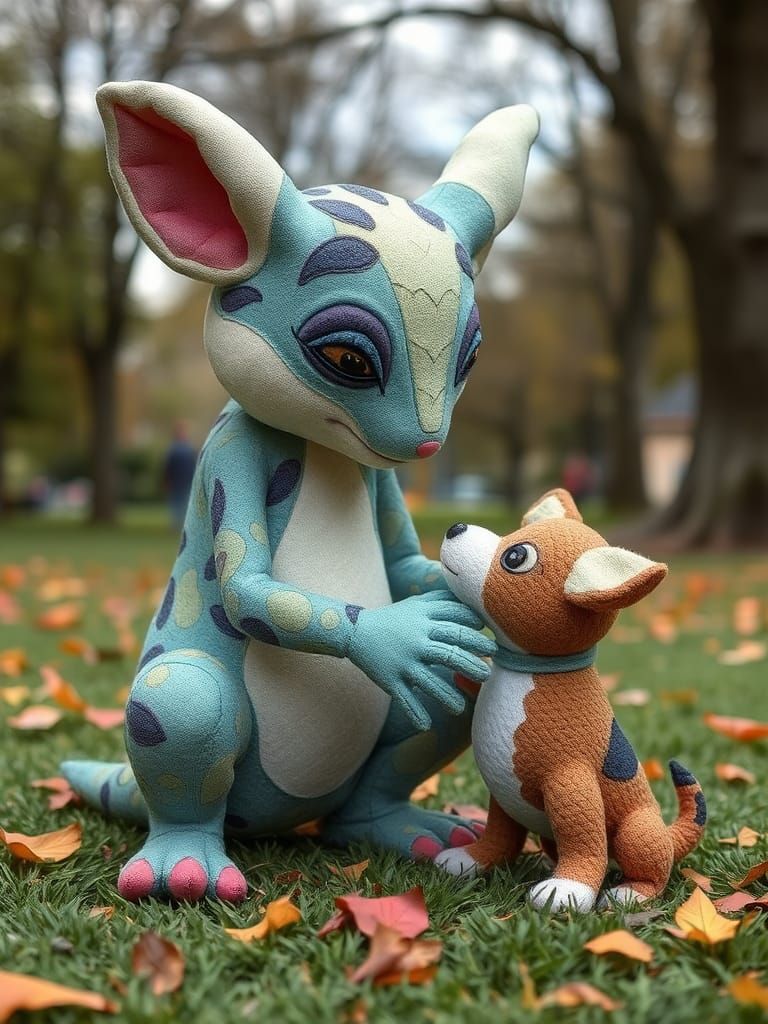 Cute Plush Creature and Puppy in Batik Style