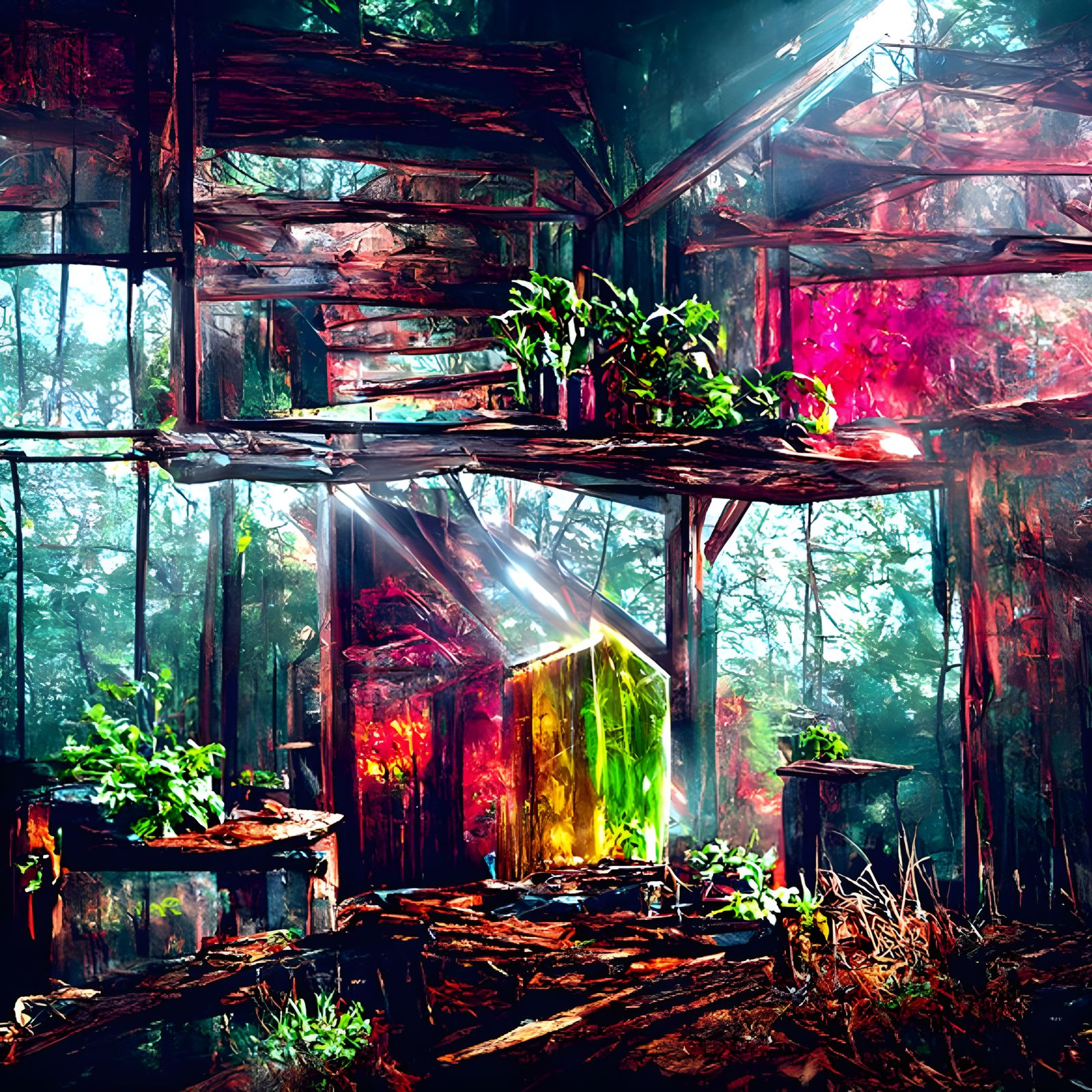 Psychedelic Greenhouse Amidst Glowing Forest