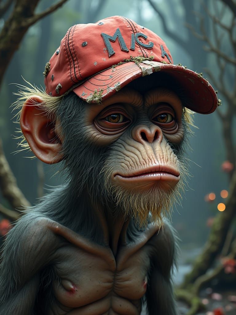 Grotesque Monkey in MAGA Hat, Fantasy Concept Art