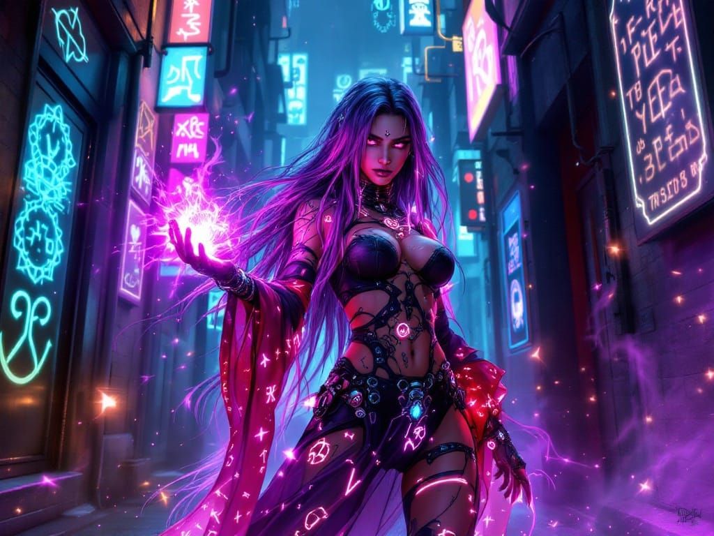Cyberpunk Sorceress Casting Magic in Neon Alleyway