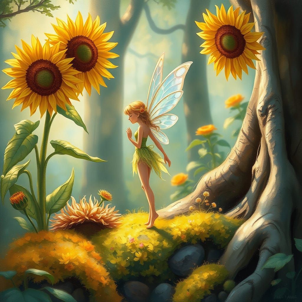 Delicate Fairy Amidst Vibrant Woodland Garden in Gouache Sty...