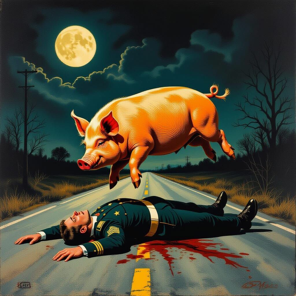Orange Pig Leaps Over Fallen General in Moonlit Horror Scene