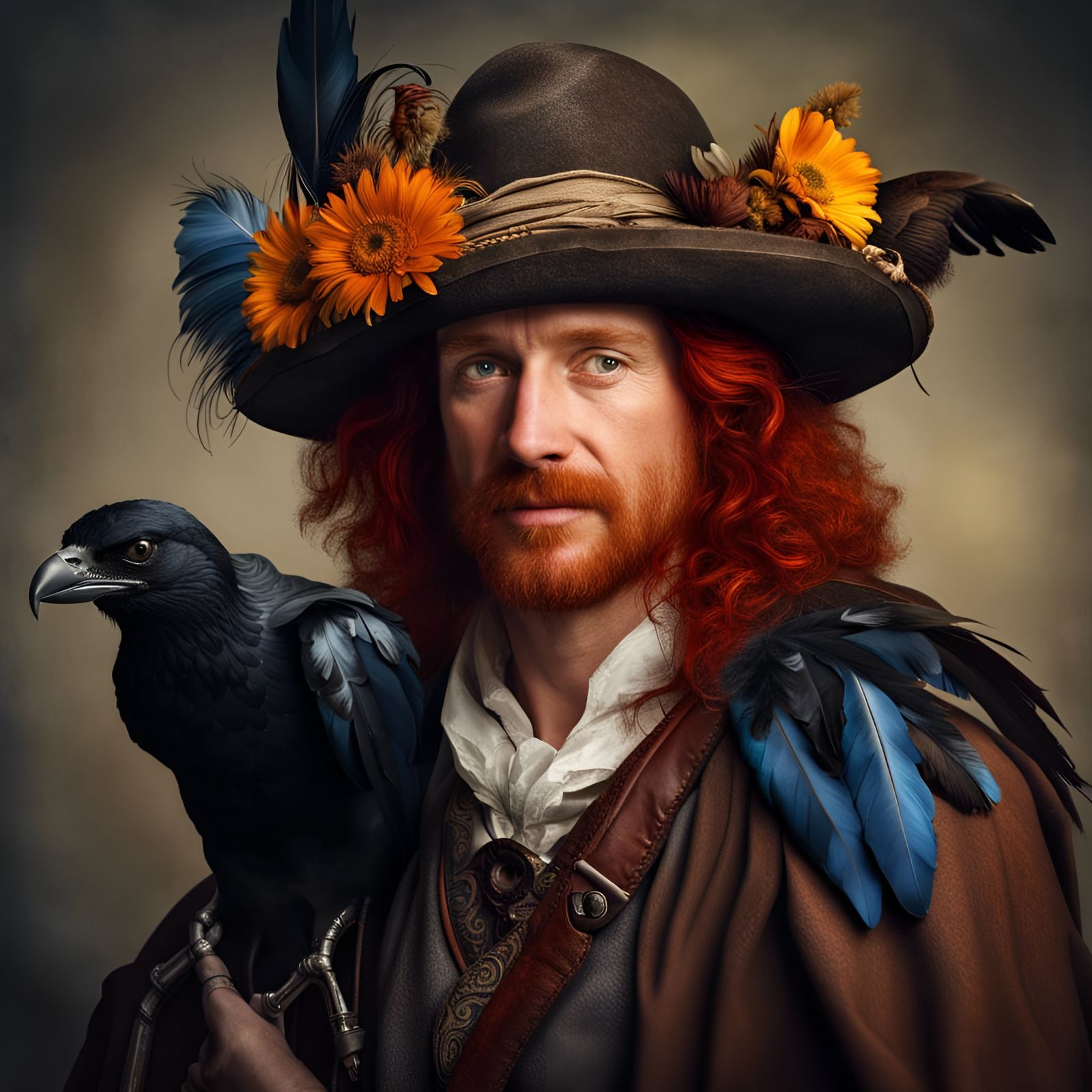 Renaissance Man with Crow, Hyperdetailed Portrait