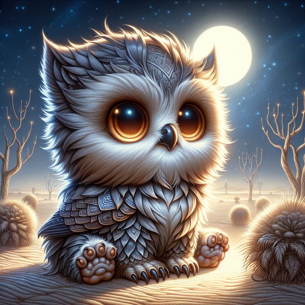 Chibi Owlbear Cub in Moonlight, Digital Illustration