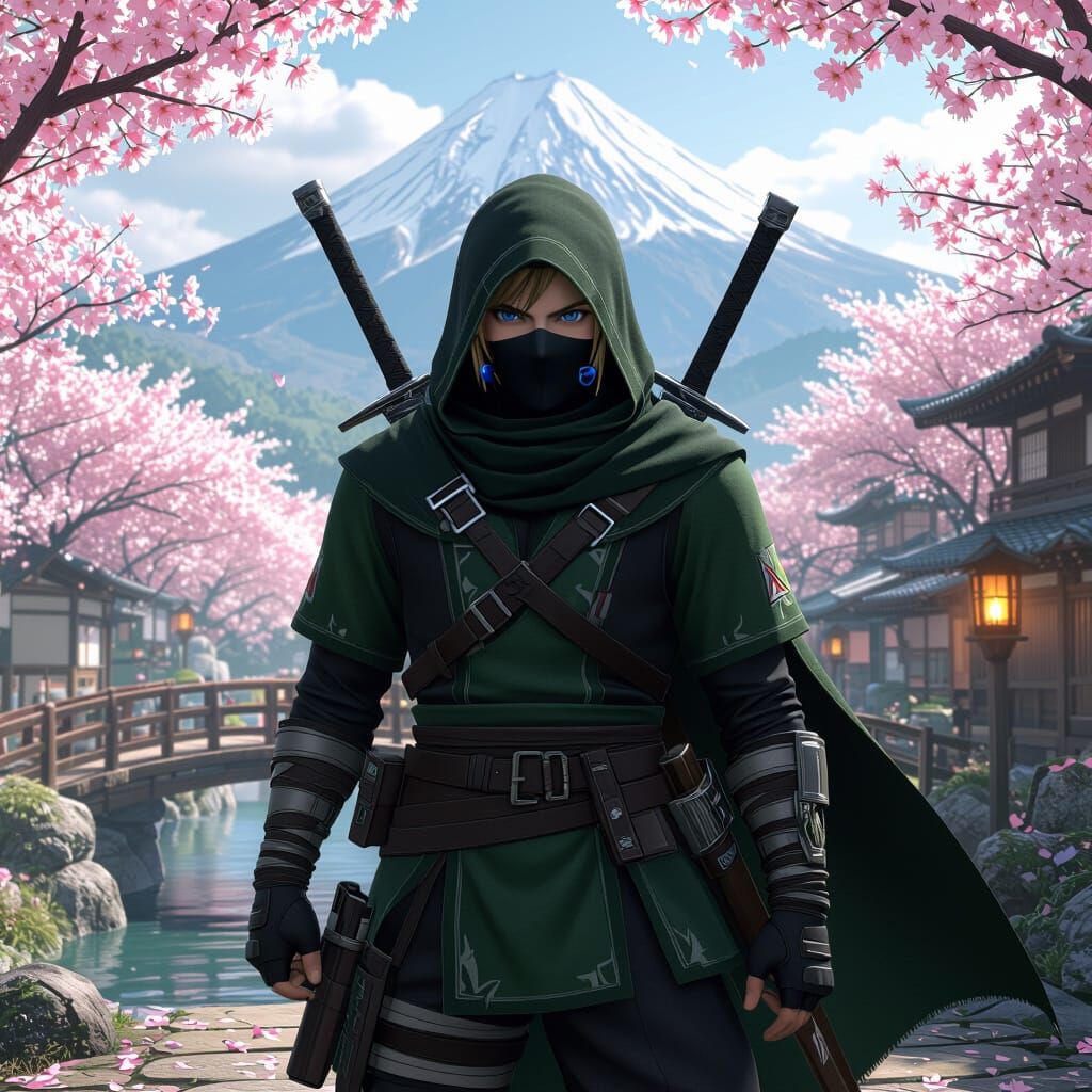 Ninja Link in Japanese Landscape, Cinematic Film Still