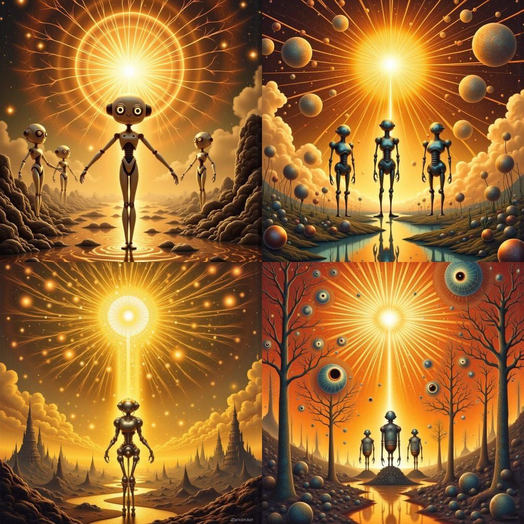 Retro Sci-Fi Robots Emerge in Golden Rays