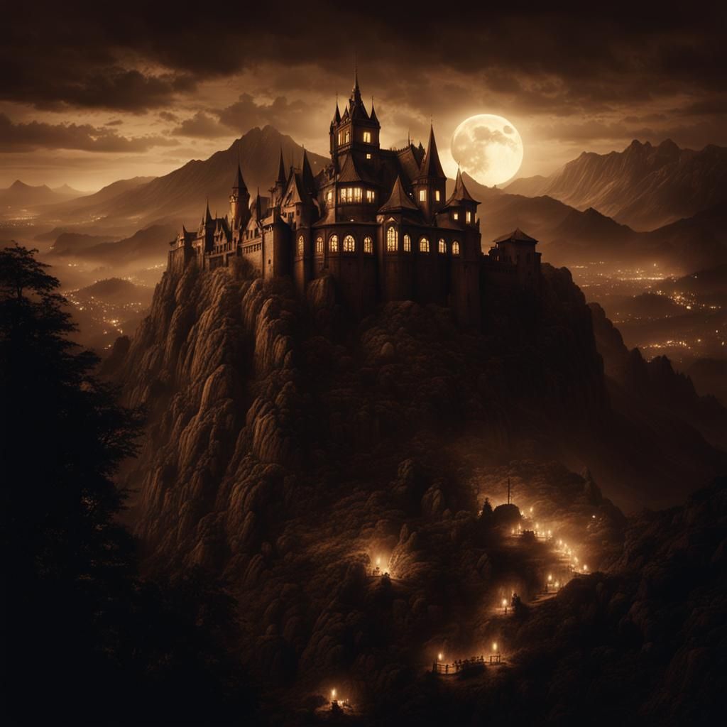 Vampire Stronghold Night View in Sepia