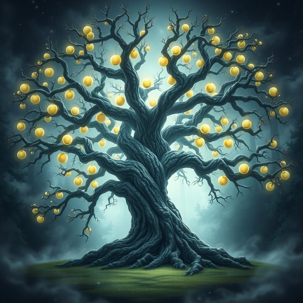 Serene Portrait of a Gnarled Tree with Glowing Fruit in a My...