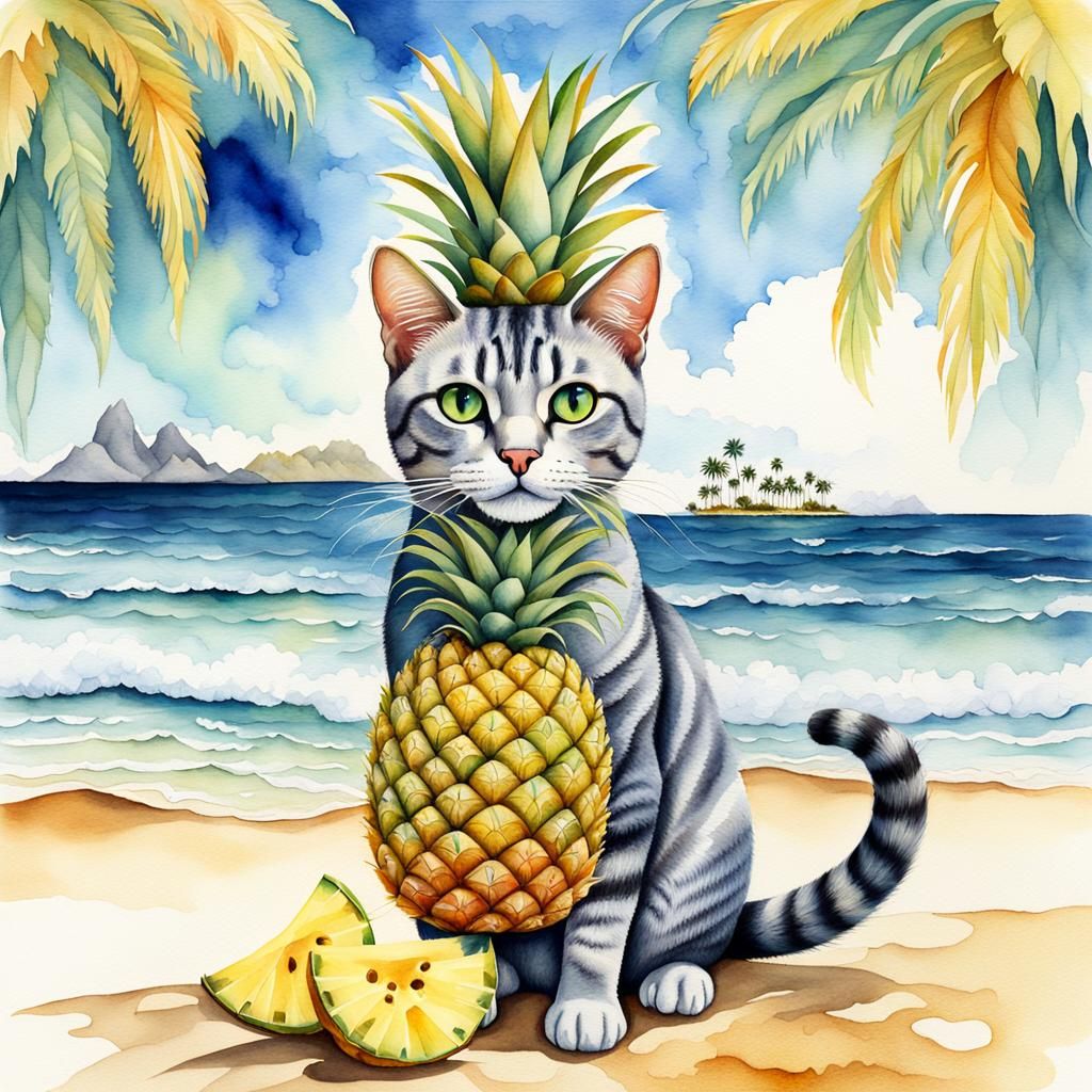Whimsical photorealistic anthropomorphic Cat Ananas beachsce...