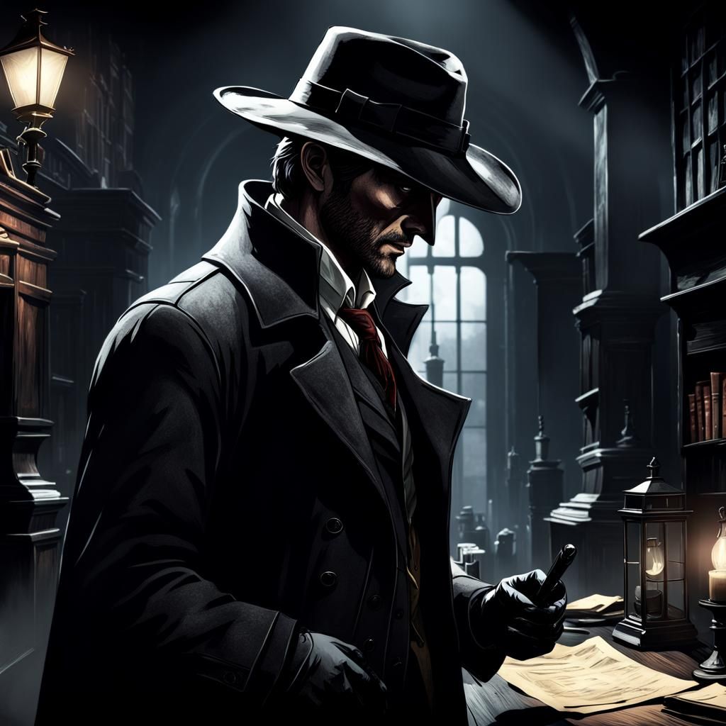 Noir Detective Solving a Case in Bloodborne Style