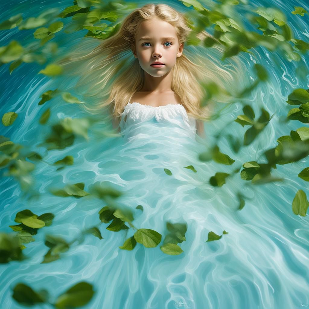 Girl in White Gown Floating: Hyperrealistic Portrait