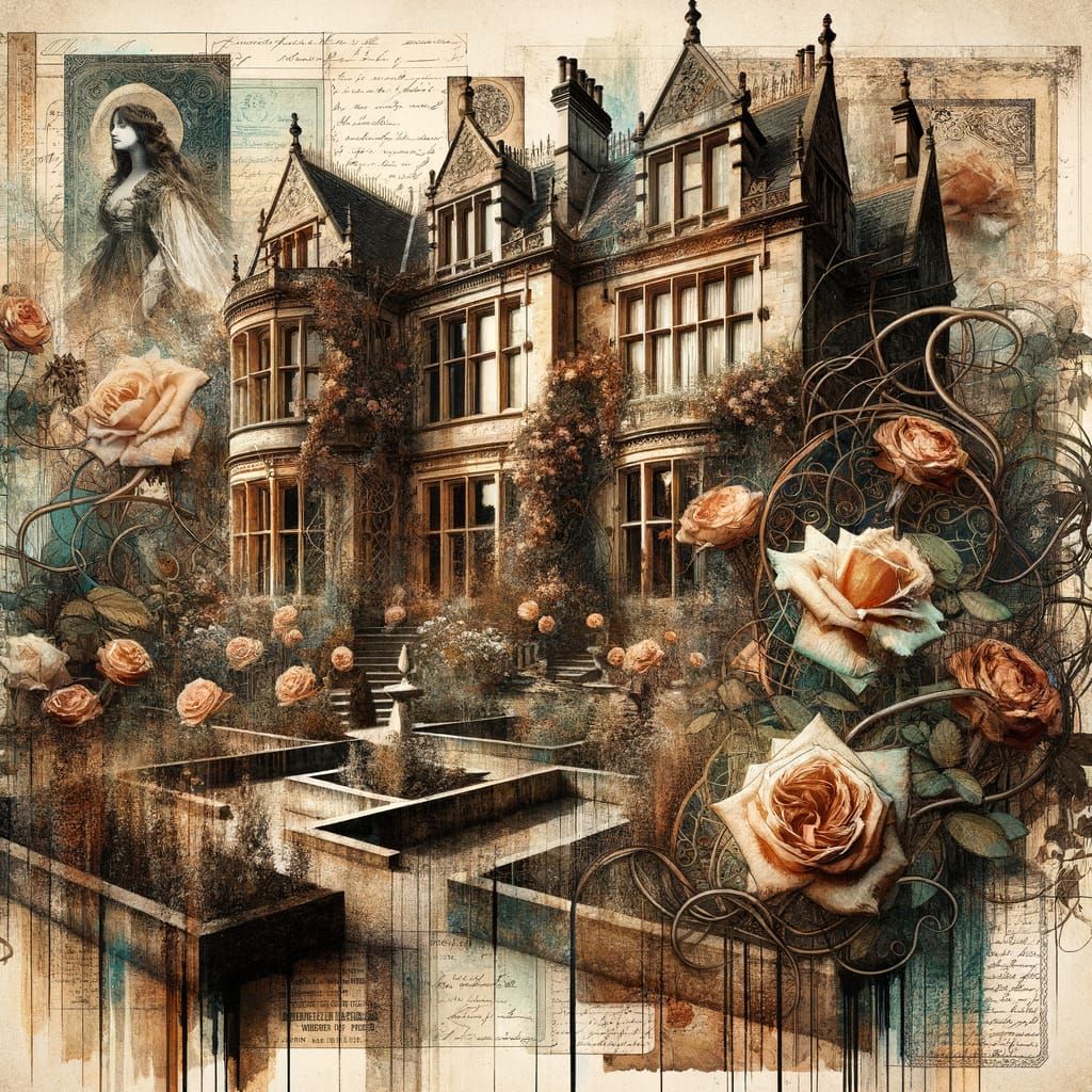 Decaying Victorian Mansion in Ghostly 3D Collage
