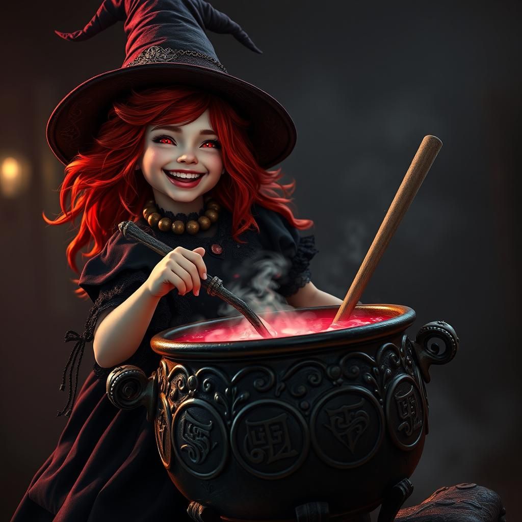 Crimson-Haired Witch Stirring Potion, Matte Painting