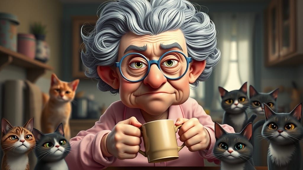 Grumpy Old Lady in Pixar Cartoon Style