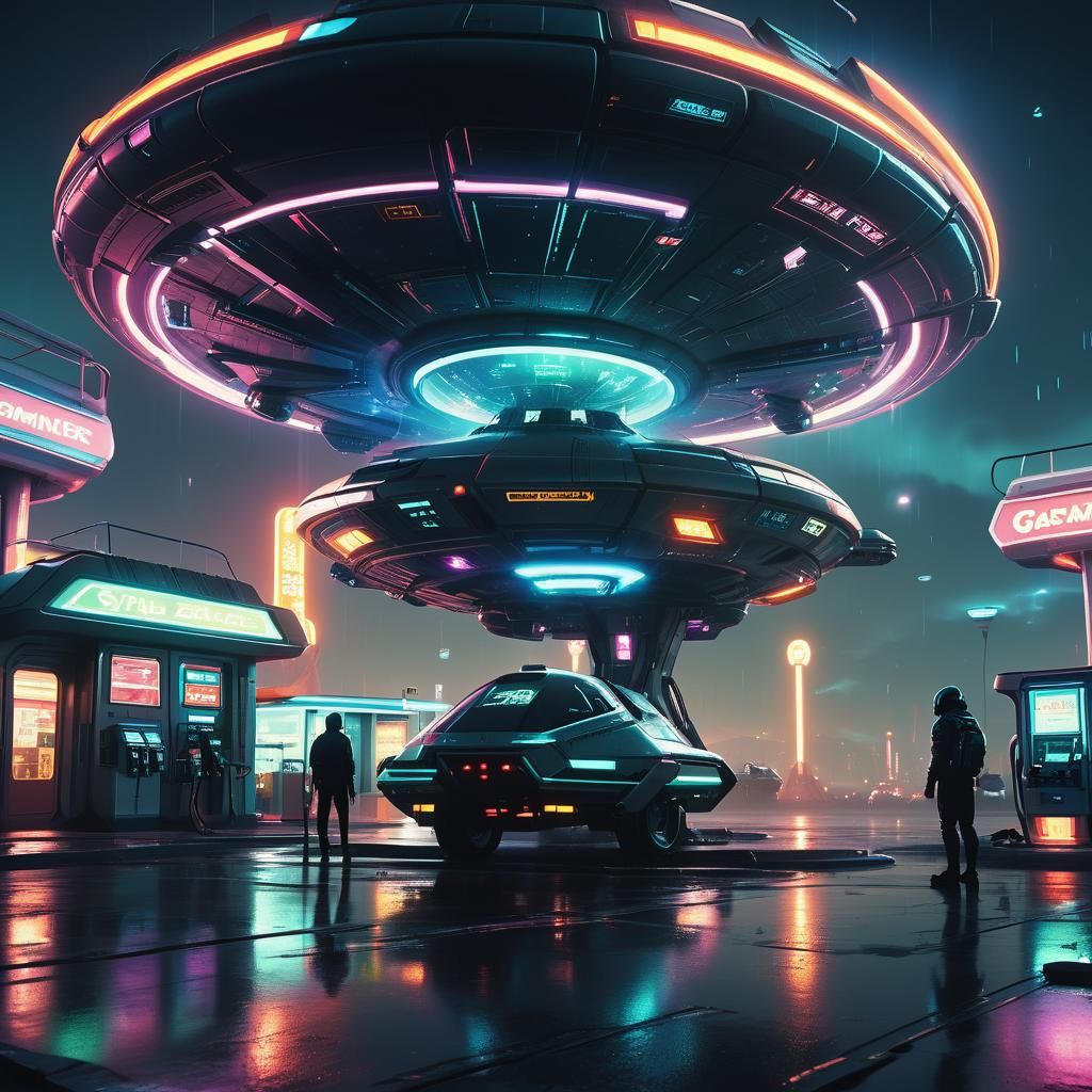Cyberpunk Alien Gas Station on Distant Planet