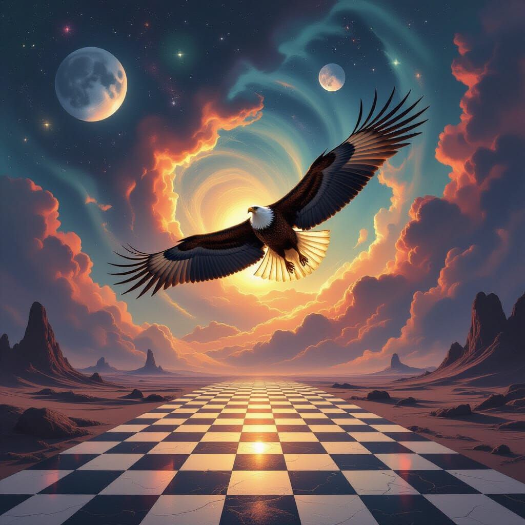 Eagle Soars Through Cosmic Nebula Over Alien Chessboard
