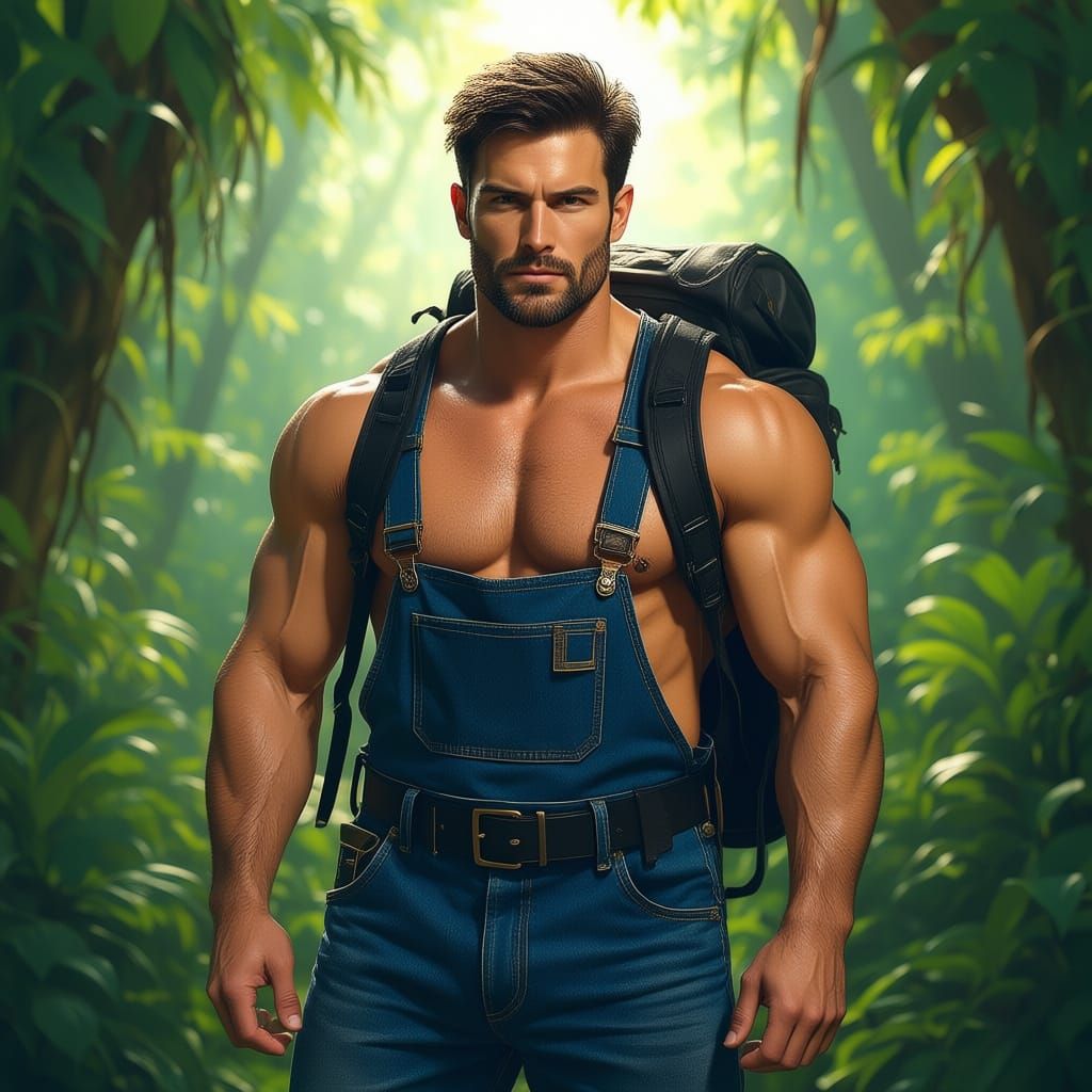 Muscular Man in Jurassic Jungle, Hyperrealistic Digital Pain...