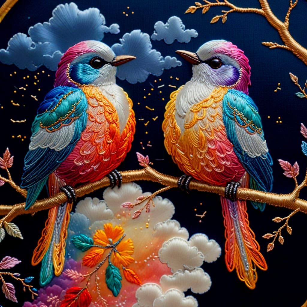 Birds on Branch: Surreal Embroidery Art