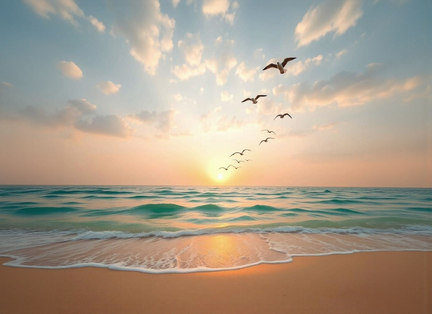 Beach at Sunrise with Seagulls in Flight