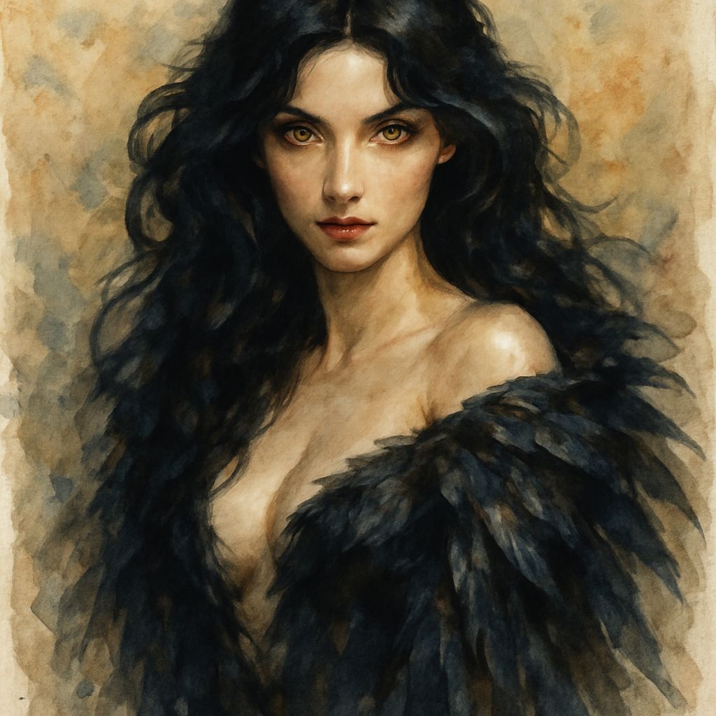 Beautiful Raven-Haired Woman with Golden Eyes as Watercolor