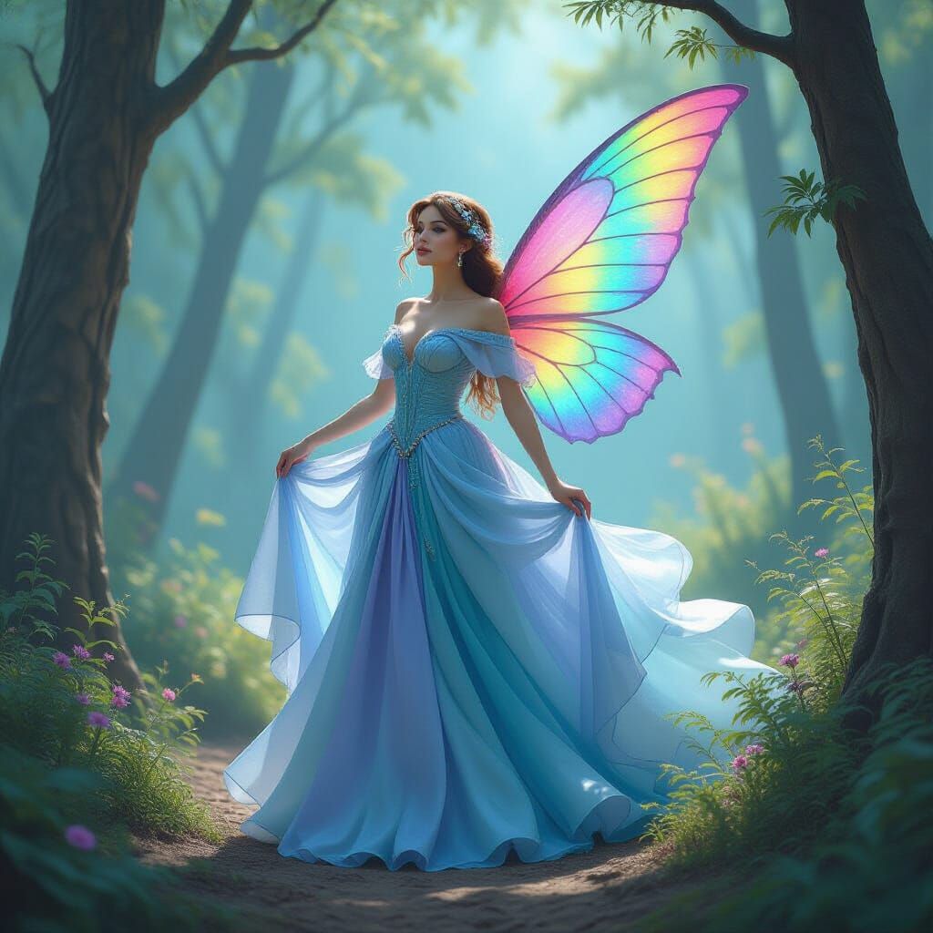 Giant Fairy with Rainbow Dress and Tiny Fairies