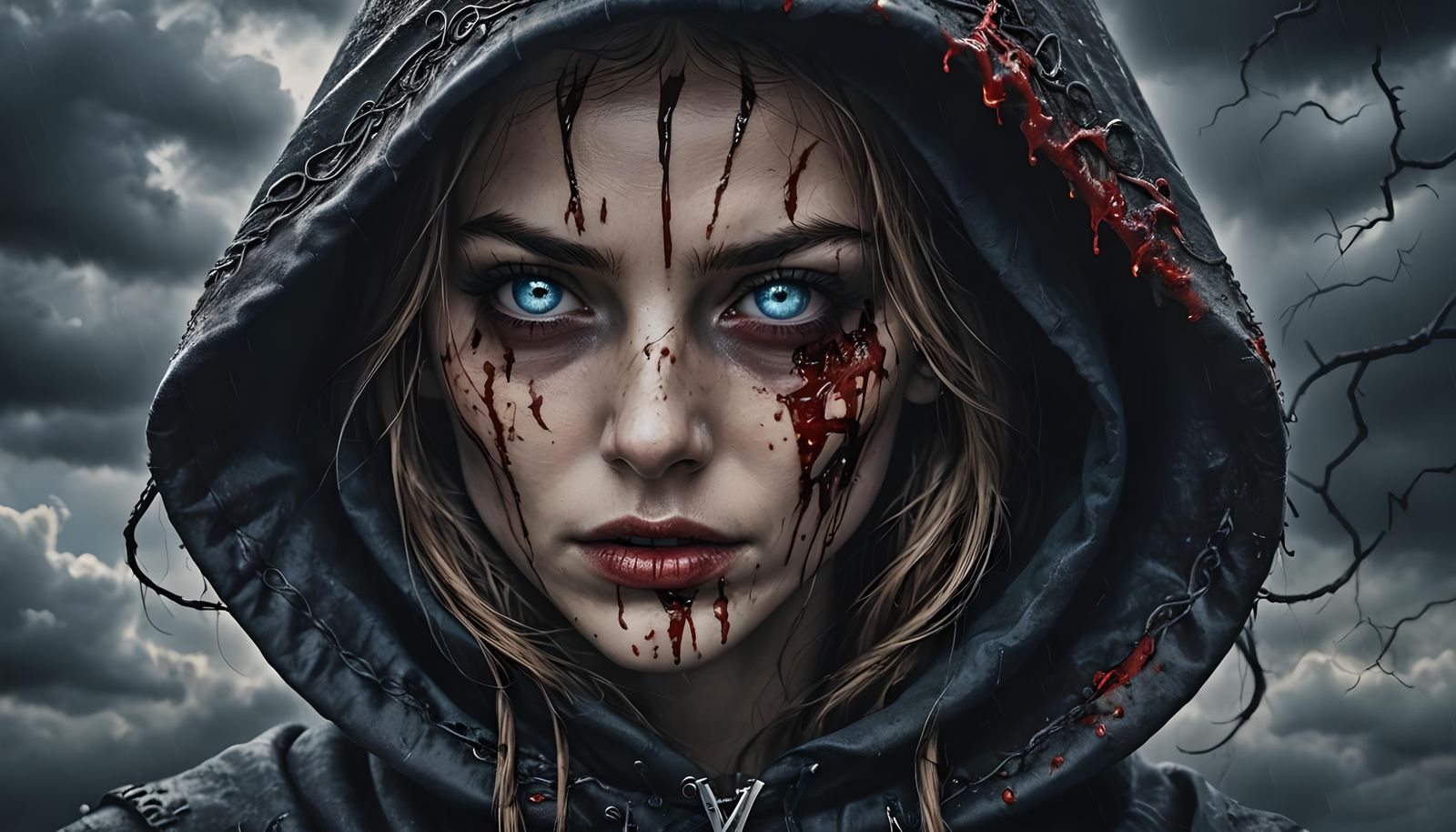 Vampire Woman Floating in Dark Clouds