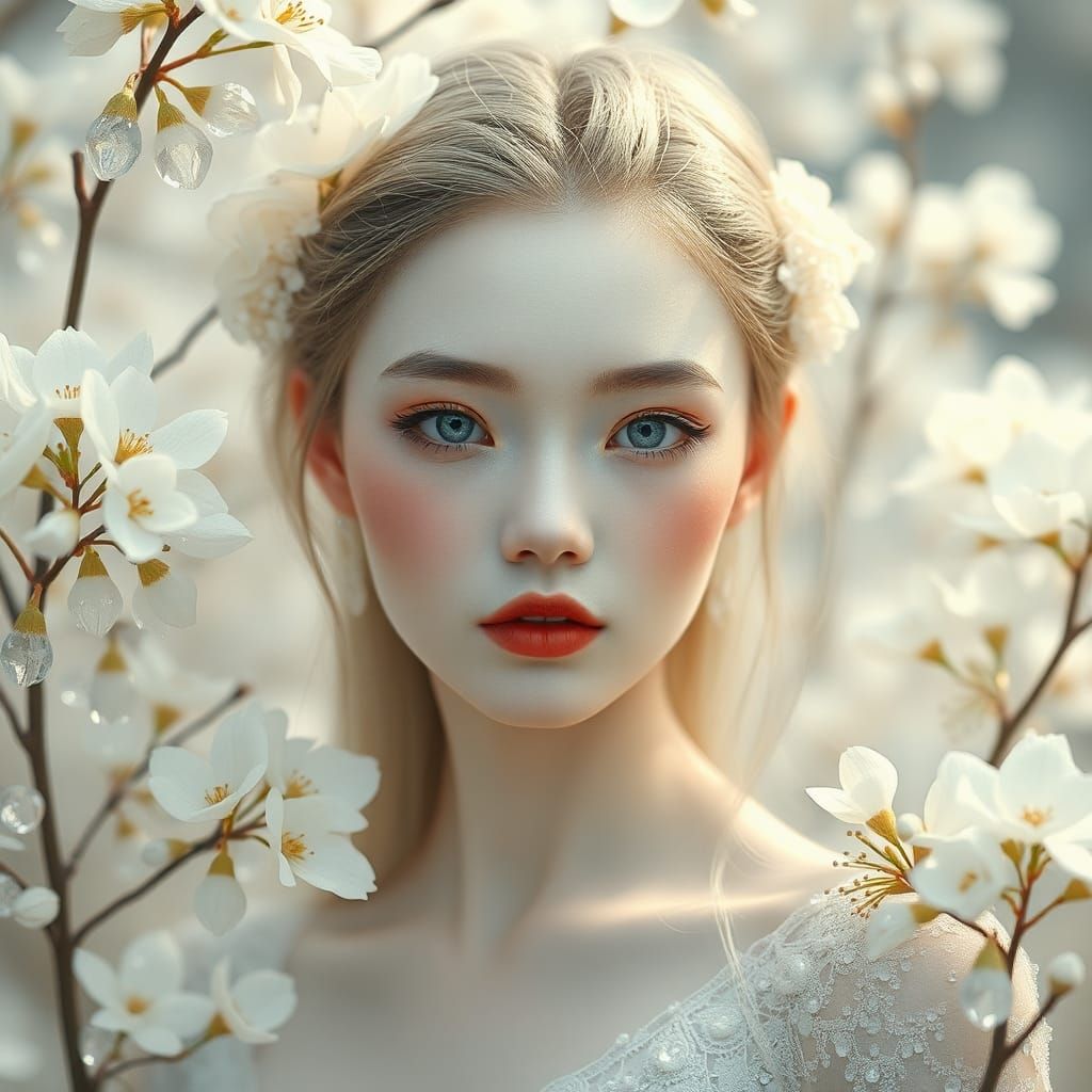 Alien Woman in Crystal Flower Landscape: Digital Art