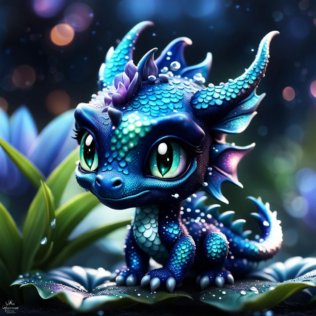 Sweet Chibi Dragon with Lily Flower in Fantasy Art