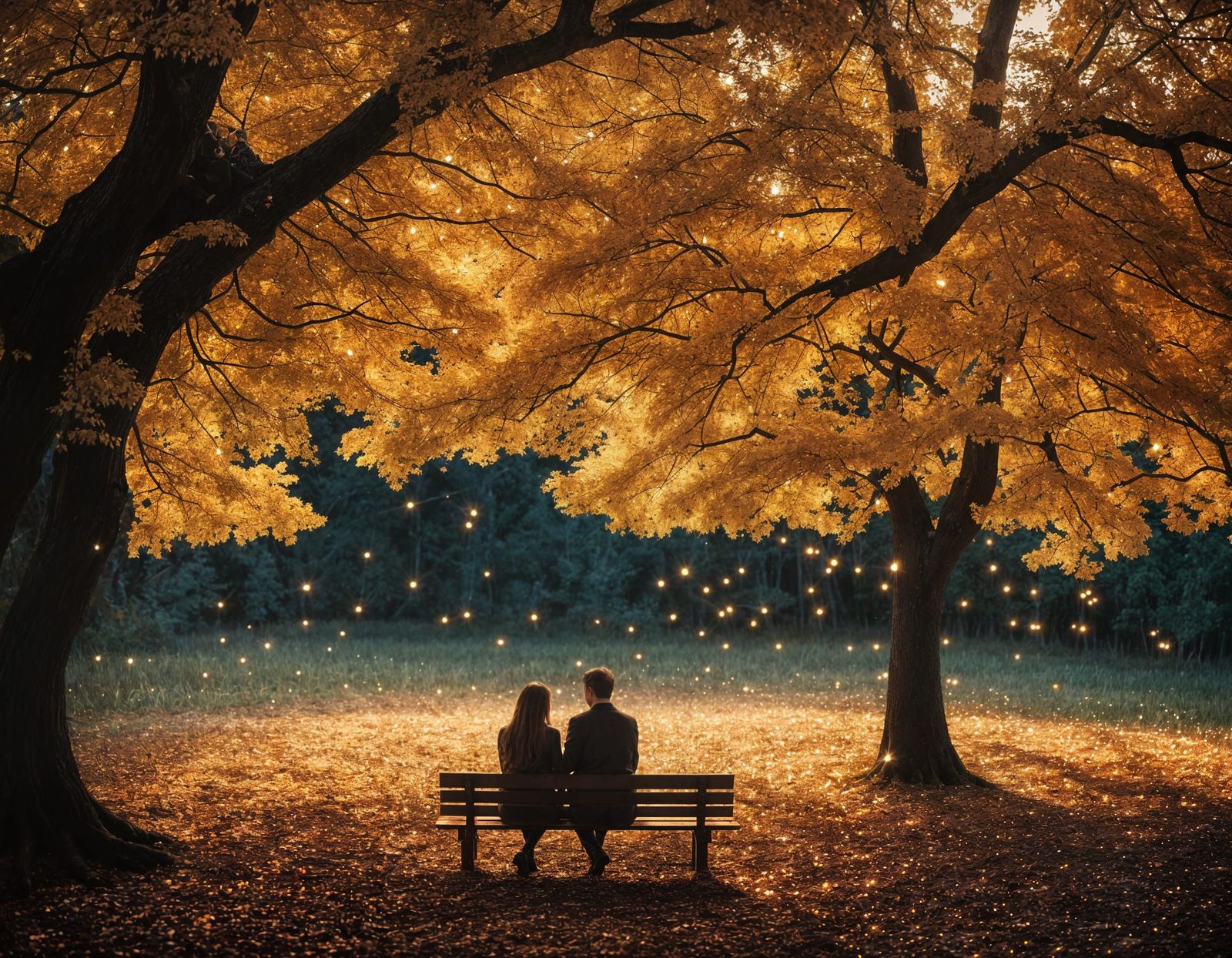 Romantic Autumn Night: Couple's First Kiss