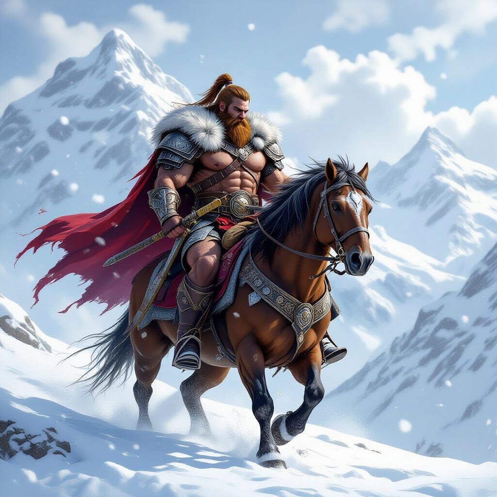 Fierce Barbarian Descends Snowy Peaks with Polar Bears