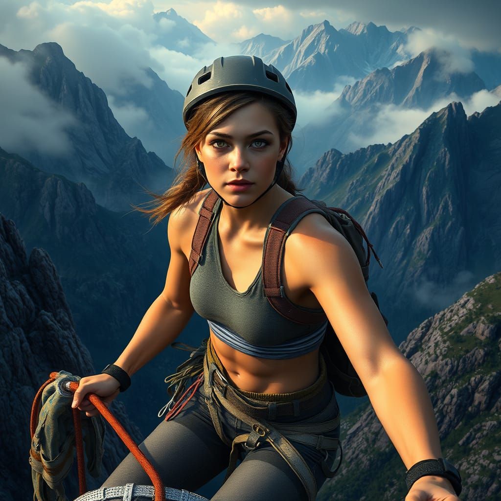 Girl Conquers Majestic Mountains in Cyberpunk Realism